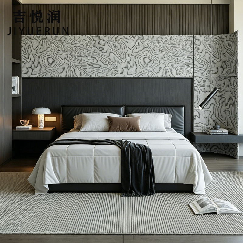 Italian Modern Minimalist Bed 1.8m Bedroom Leather Wedding Bed Designer Model Black Hotel Model Room Double Bed