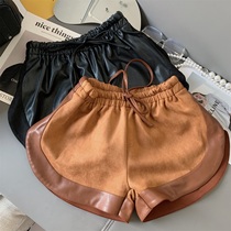 High waist display slim pendant PU leather wide leg pants 2022 spring winter new temperament loose casual personality suede shorts