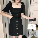 Pháp cổ vuông vuông 2019 mới hè hè gợi cảm tay ngắn cổ áo eo thon váy đen nữ - Sản phẩm HOT