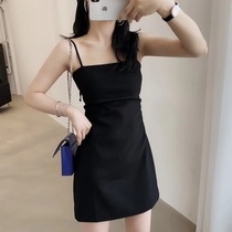One-line flat-mouth chest dress women Spring 2021 New slim thin black suspender skirt hip A- line dress