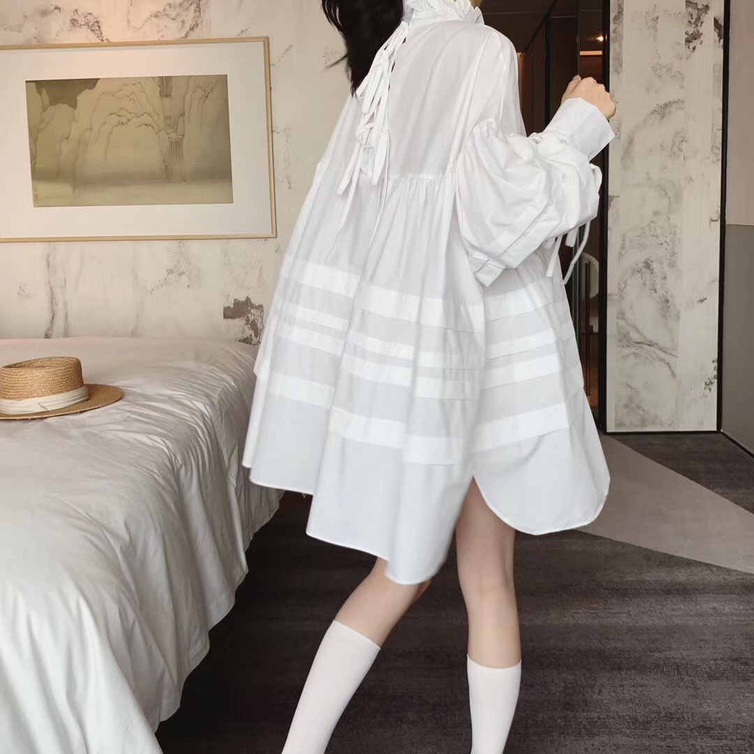 Medium long version white shirt woman 2022 spring new Korean version Temperament Lace Standout with large version loose long sleeve shirt