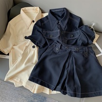 Western style fried Street line design tooling coat shirt set womens 2021 new high waisted wide leg shorts two-piece set