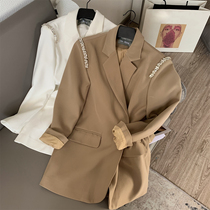 Fried Street Inlaid With Diamond Shoulder Design Long Suit Jacket Woman 2022 Chunqiu New Temperament Loose two wearing Western-style clothes