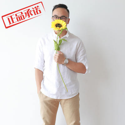 Pure linen shirt for men, three-quarter sleeve stand-up collar loose pullover. Cotton and linen shirt for men, casual mid-sleeve linen shirt for men
