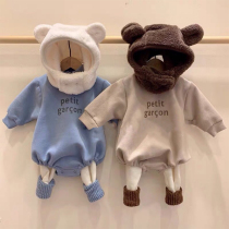 ins winter Korean baby small high collar sweatshirt male and female baby letters plus suede ear hat one-piece khae climbing suit