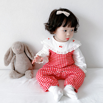 2022 Spring and autumn small cherry lace khaclothes climbing to serve Korean version Baby one-piece clothes Harclothes Princess sweet and beautiful