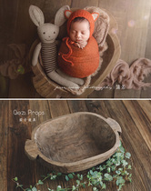 Binaural oval wooden basin container vintage solid wood old full moon baby photo original newborn photography props