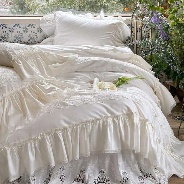 Four-piece cotton bed skirt with tribute satin