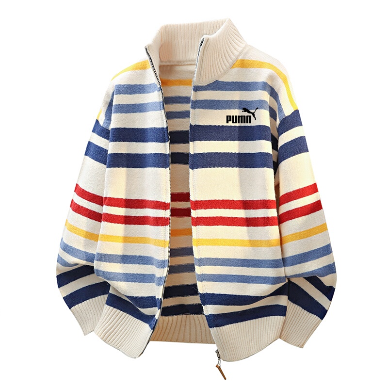 Outlet Store American-Style Rainbow Striped Stand-Up Collar Cardigan Sweater Unisex Autumn and Winter New Knit Casual Jacket Trendy