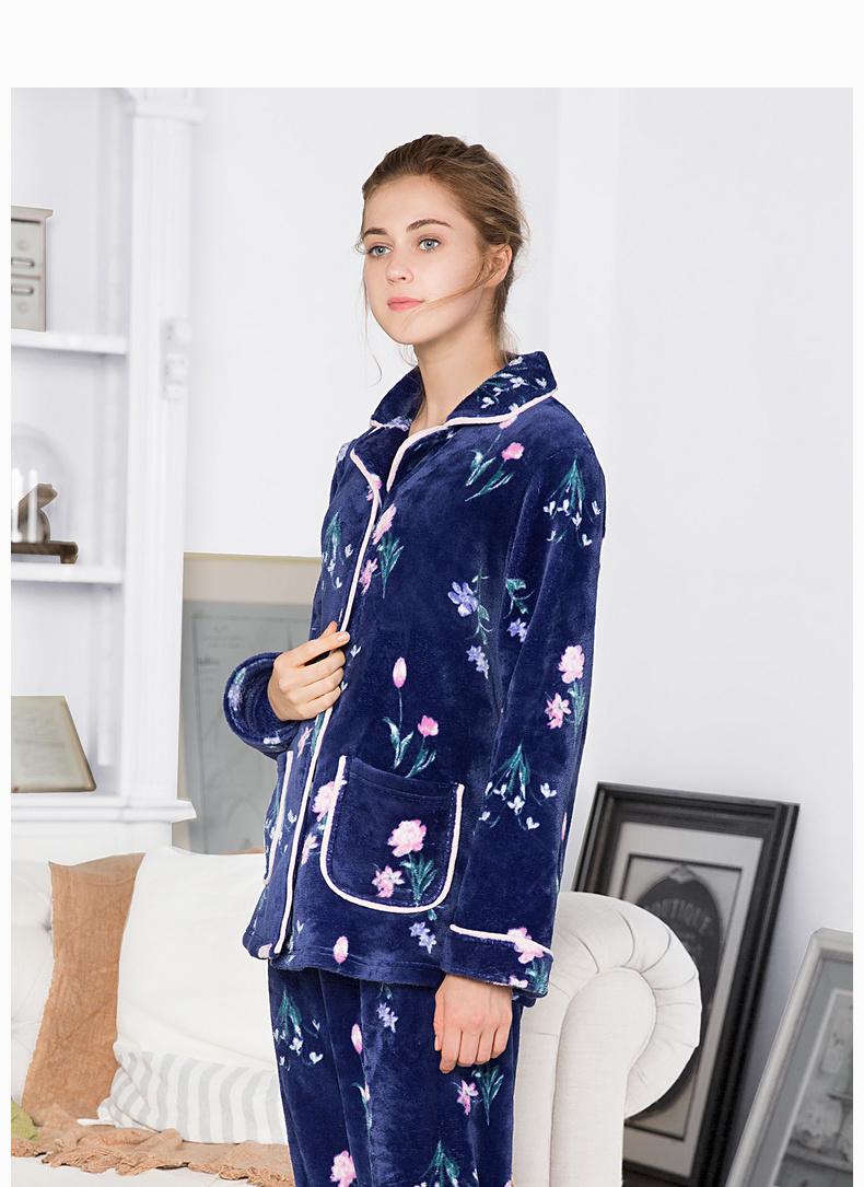 Mỹ tiêu chuẩn mùa thu và mùa đông mới dài tay flannel đồ ngủ ấm áp nữ san hô nhung in dịch vụ nhà ngọt ngào phụ nữ có thể mặc kiểu đồ bộ may vải thun