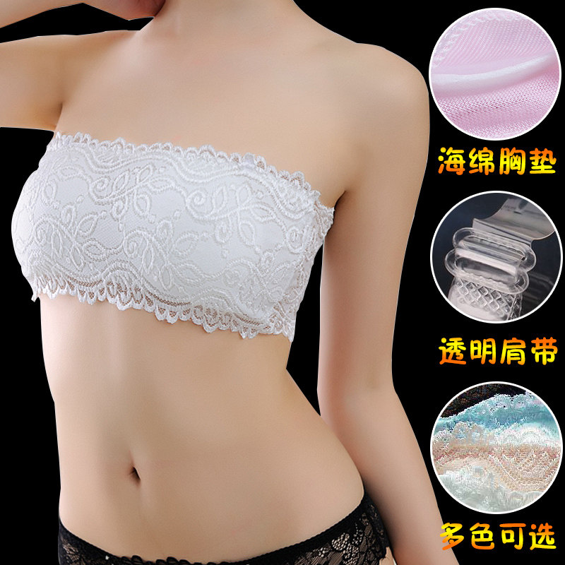 With transparent shoulder straps and chest pads, anti-light base wrapping chest lace tube top, new Korean fashion all-match underwear