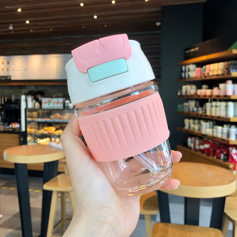 Glass water glass female summer with straw minimalist cute portable coffee cup tea cup with lid double drink accompanying mug