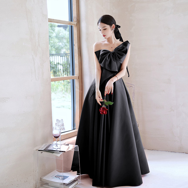 Black evening dress new 2022 hot style autumn and winter satin dress female texture senior company annual meeting dress skirt autumn