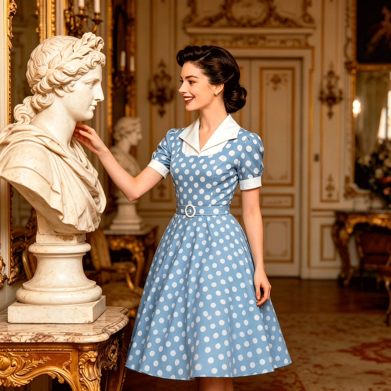 Hengos 50's Hepburn-Style Court Retro Dress, Elegant and Fresh, with a Faux Two-Piece Design and Contrasting Collar with Polka Dots Hengos 50's Hepburn-Style Court Retro Dress, Elegant and Fresh, with a Faux Two-Piece Design and Contrasting Collar with Polka Dots