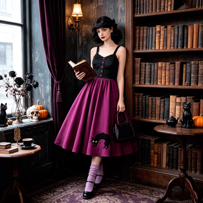 Halloween Party Costume, Festive European and American Women's Clothing, Sexy Spaghetti Strap Dress with Cat Embroidery, Patchwork Retro Flared Dress