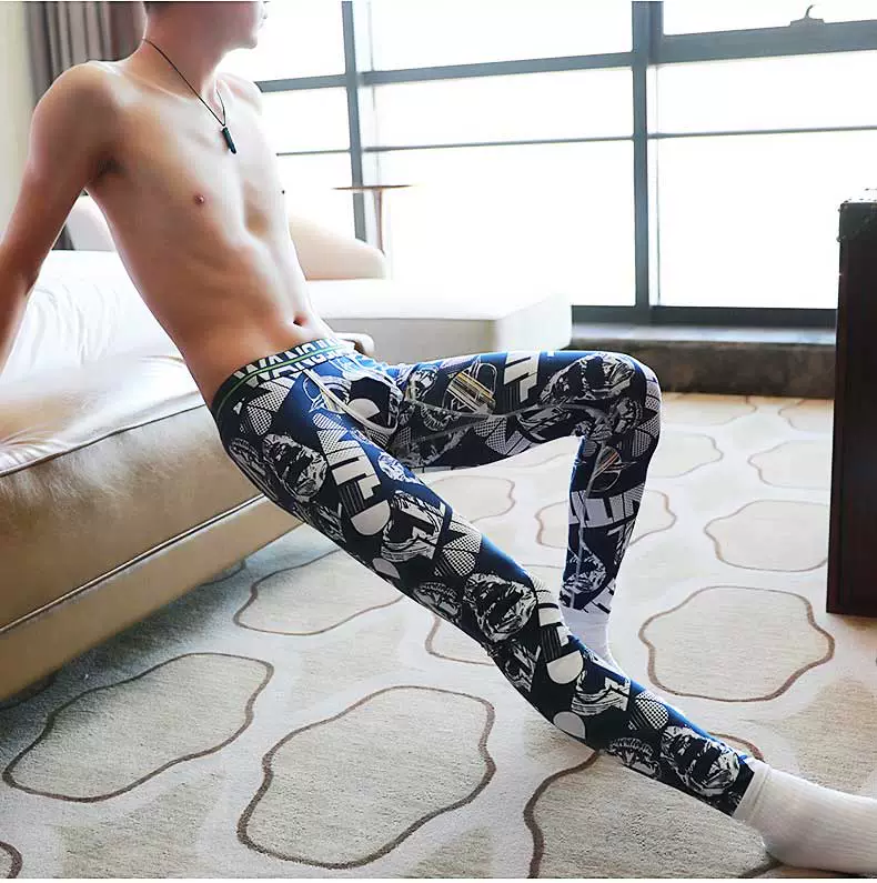 Quần dài nam Qiuku Quần cotton mỏng Quần ấm thời trang Hàn Quốc Doodle In Eo thấp Sexy Quần legging nam quần giữ nhiệt nam đá bóng