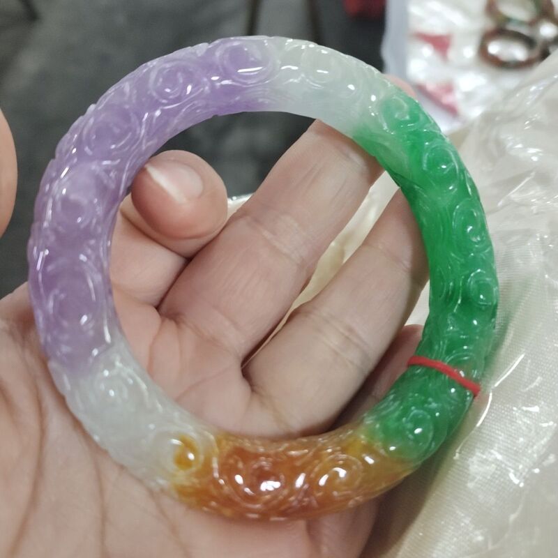 Three-Color Jade Round Bar Finely Carved with Dragon Patterns, White, Green, and Yellow Three-Color Women's Jade Bracelet, New Style Three-Color Jade Round Bar Finely Carved with Dragon Patterns, White, Green, and Yellow Three-Color Women's Jade Bracelet, New Style