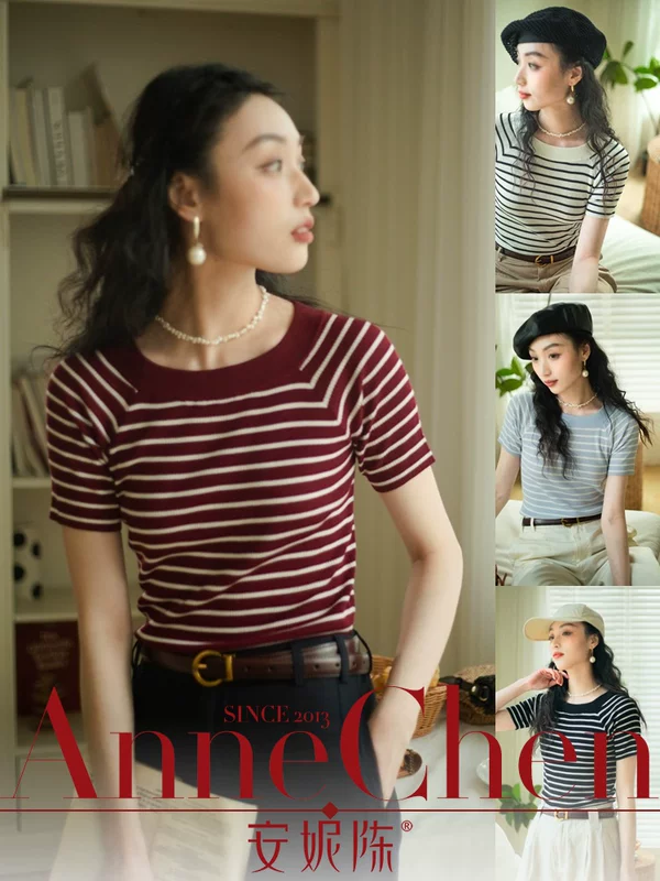 安妮陈 Silk knitted summer fashionable T-shirt, with short sleeve