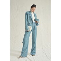 RoseLingLing worsted wool striped woolen fabric truncated blazer high waist straight pants set women