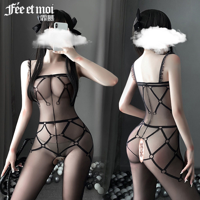 Open crotch socks sexy transparent thin body body shaping temptation hollow solid color leg women black socks underwear