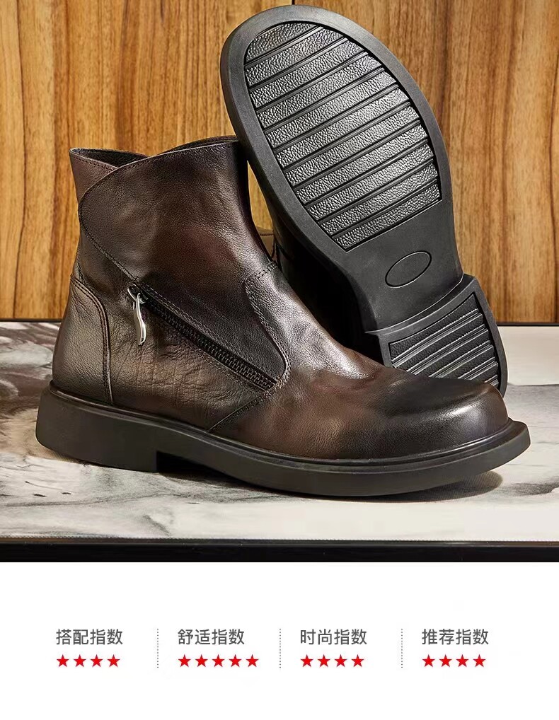 Mens Genuine Leather Boots Round Toe Workwear Zip Chelsea Boots