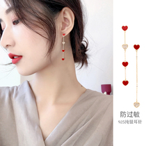 Red love earrings Korean temperament sterling silver heart-shaped earrings female Net red asymmetric earrings 2021 New Tide