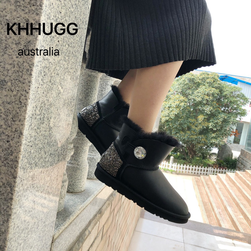 KHHUGG new women's winter sheep fur one-piece drill buckle snow boots glossy one buckle waterproof women's boots KHHUGG