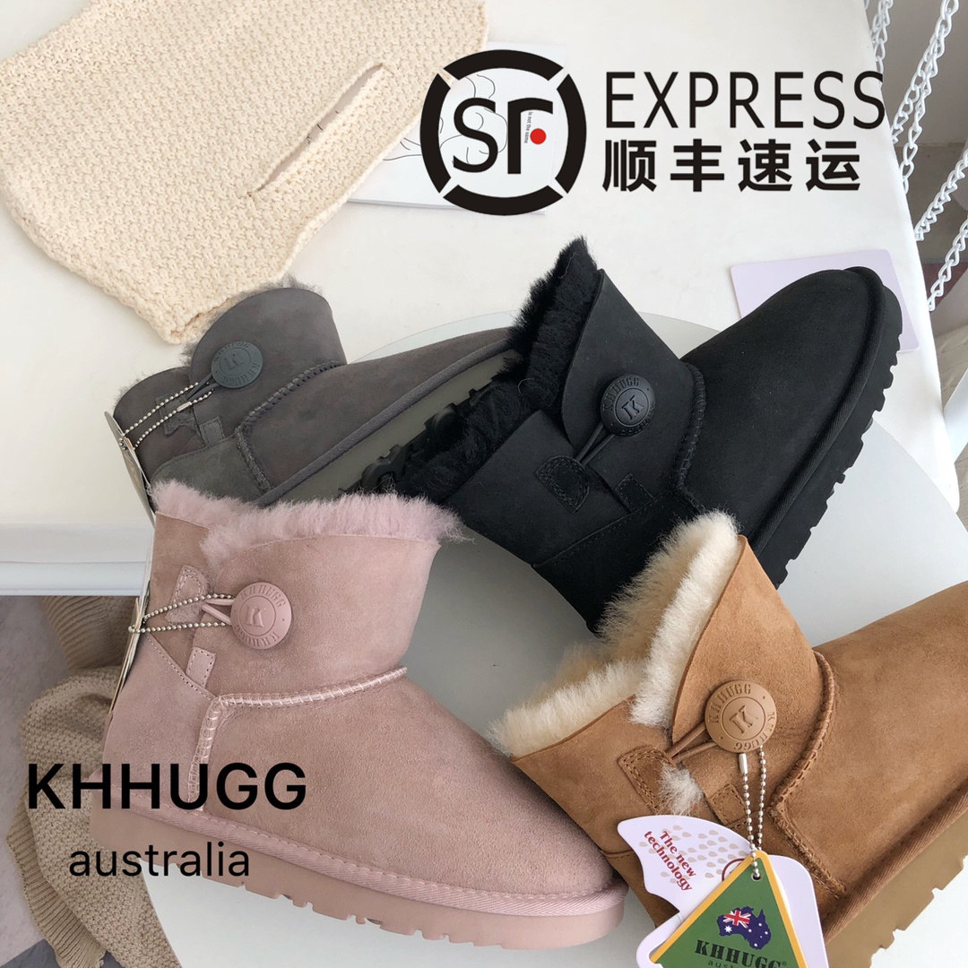 KHHUGG Sheepskin Short Snow Boots All-match Classic Waterproof One Button Women's Boots KHHUGG