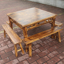 Thickened retro charcoal pine square table Hotel dining table stool Chinese classical eight immortals table and chair Solid wood hot pot table and chair