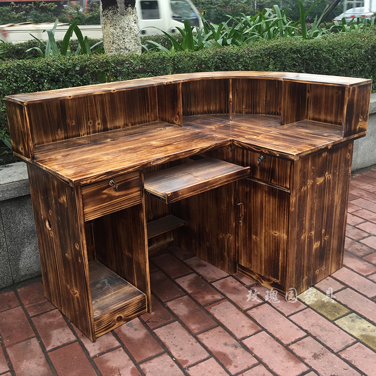 Vintage black carbonized charcoal burning cash register counter Solid wood fir corner bar reception desk Hotel wine cabinet storage cabinet