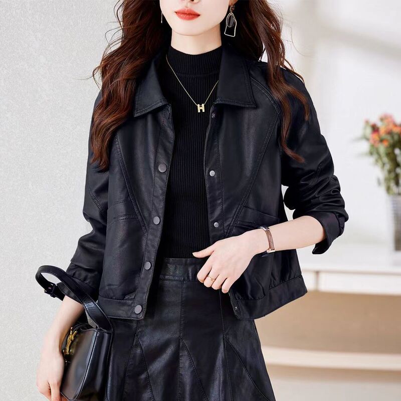 2025 Autumn New Short Leather Jacket for Women, Stylish, Loose, Casual, Slimming, Biker Jacket for Petite Women