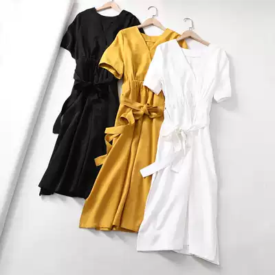 Domestic single summer new temperament wild V-neck lace-up bow high waist thin side split dress