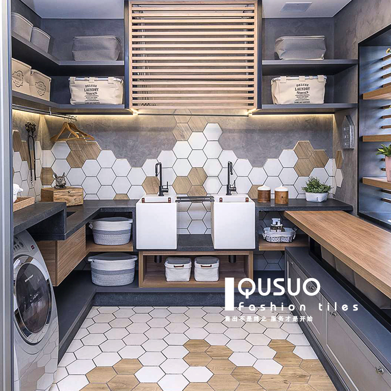 Fun Nordic hexagonal wood grain tiles Powder room tiles Kitchen wall tiles ins net red dining room bathroom floor tiles