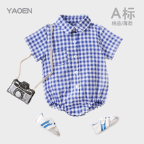 Baby plaid one-piece Harvest newborn Climbing Suit Summer Baby Pure Cotton Short Sleeve Shirt Bag Fart 0-3 Year Old Tide 6