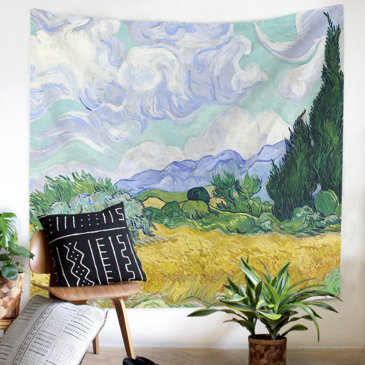 Van Gogh cổ điển sơn dầu trang trí tường lưới đỏ treo vải tường tấm thảm vải nền khăn trải bàn phân vùng rèm vải tường tấm vải treo tường