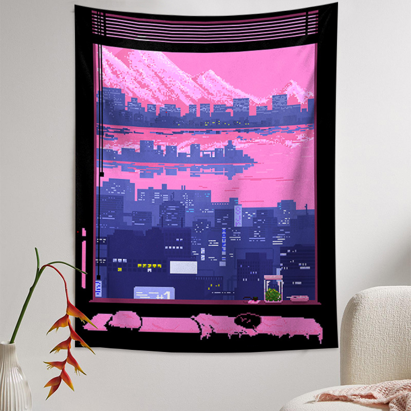 Vaporwave Art Tapestry Pixel Style Window Vertical Background Cloth Cat Niche Canvas Bedroom Dormitory Tapestry