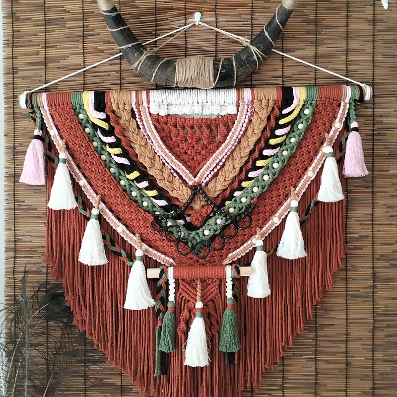 Hand-Woven Horn Tapestry Ethnic Exotic Style Colorful Wall Tapestry Bar Wall Decoration Living Room Hanging Homestay Decorative Blanket
