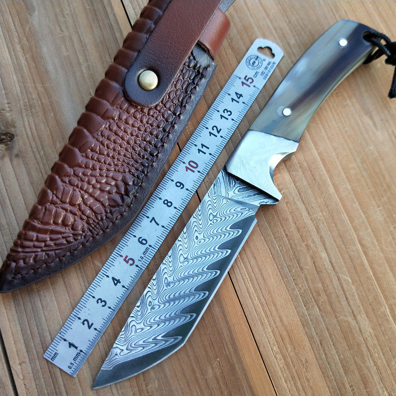Horn handle VG10 Damascus small straight knife high hardness sharp knife saber fruit knife outdoor portable self-defense