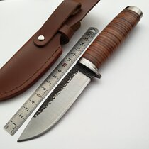 Handmade forged leather handle small straight knife outdoor wilderness survival high hardness sharp fruit knife saber collection gift