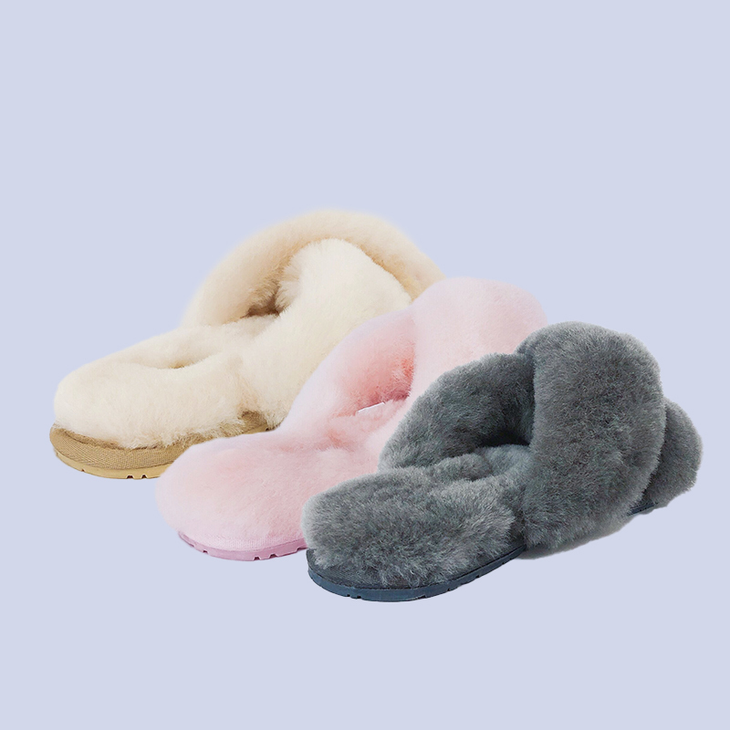 Australian Auzlandsheepskin Classic Sheepskin and Fur Integrated Cross-Over Slippers