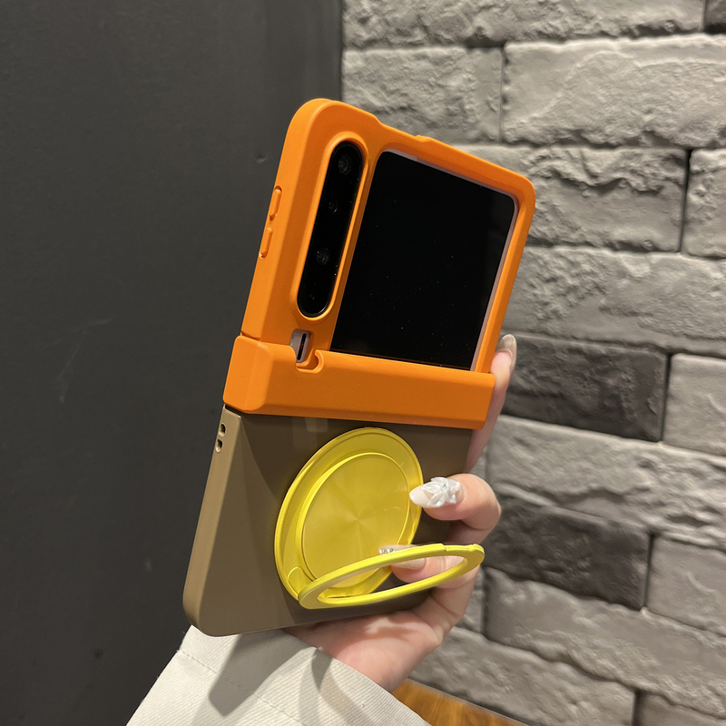 【With Stand】Middle Axis Color-Blocked Orange-Brown Round Stand Suitable for Huawei Purax Phone Case Mi Mixflip2 Stylish Razr60Ultra Flip Cover Anti-Drop Honor Vflip2 Women's Protective Case 【With Stand】Middle Axis Color-Blocked Orange-Brown Round Stand Suitable for Huawei Purax Phone Case Mi Mixflip2 Stylish Razr60Ultra Flip Cover Anti-Drop Honor Vflip2 Women's Protective Case