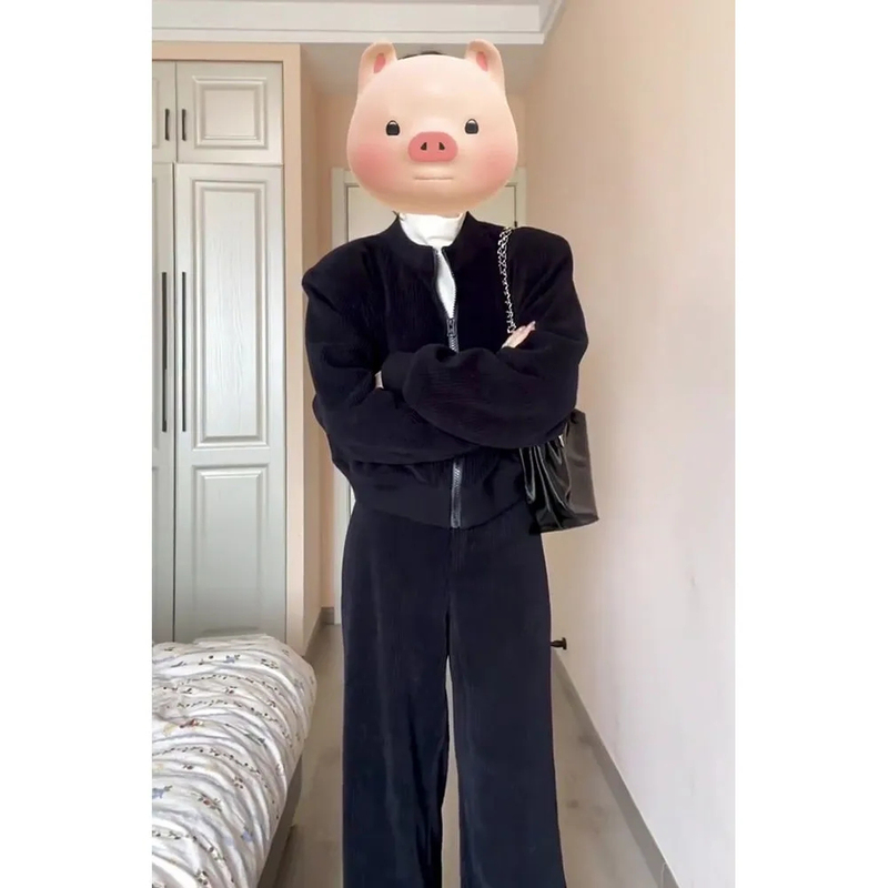 Corduroy Black Suit Autumn and Winter 2024 Elegant Slim Short Jacket Women's High-Waisted Loose Casual Pants Two-Piece Set Corduroy Black Suit Autumn and Winter 2024 Elegant Slim Short Jacket Women's High-Waisted Loose Casual Pants Two-Piece Set