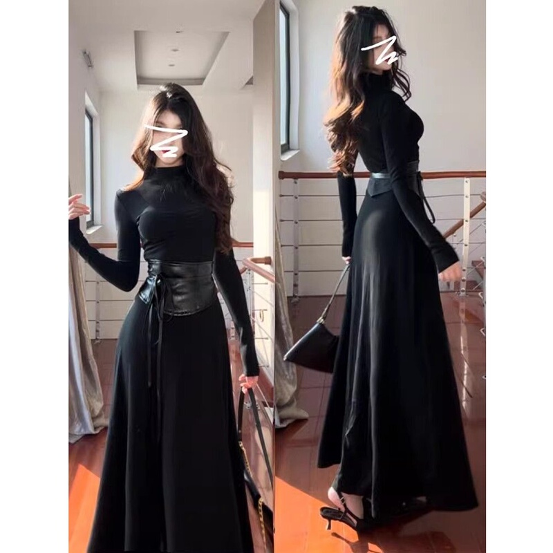 American Retro Slim-Fitting Black Half-High Collar Waist-Cinching Dress for Women, Spring and Autumn, Waist-Slimming, Long Dress for Older Women American Retro Slim-Fitting Black Half-High Collar Waist-Cinching Dress for Women, Spring and Autumn, Waist-Slimming, Long Dress for Older Women