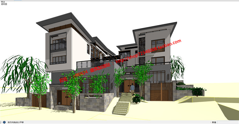 NO00012中式风格课双拼别墅cad图纸+su模型-1