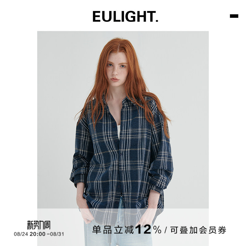 Eulight Retro Neutral Style Navy Blue Plaid Shirt Early Autumn Versatile Loose Silhouette Long-Sleeved Shirt Jacket Eulight Retro Neutral Style Navy Blue Plaid Shirt Early Autumn Versatile Loose Silhouette Long-Sleeved Shirt Jacket