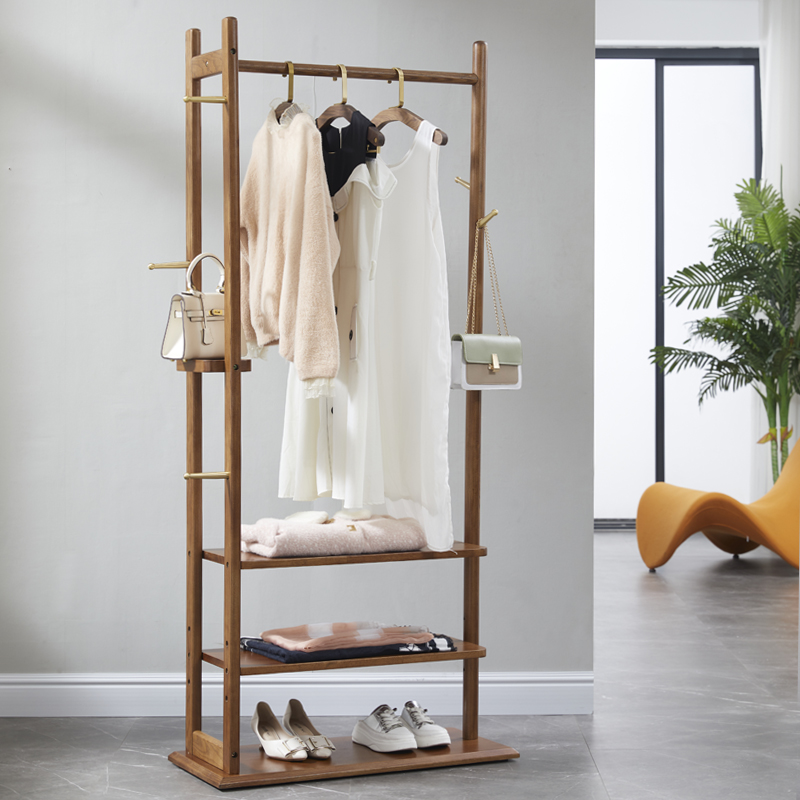 Brass all solid wood coat rack bedroom hanger floor simple modern Chinese household shelf strong and durable