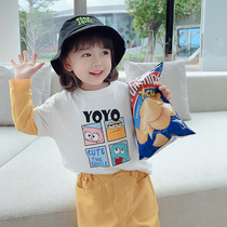 Little girl 2021 spring new cartoon stitching T-shirt fake two foreign gas Small Children Baby base shirt tide