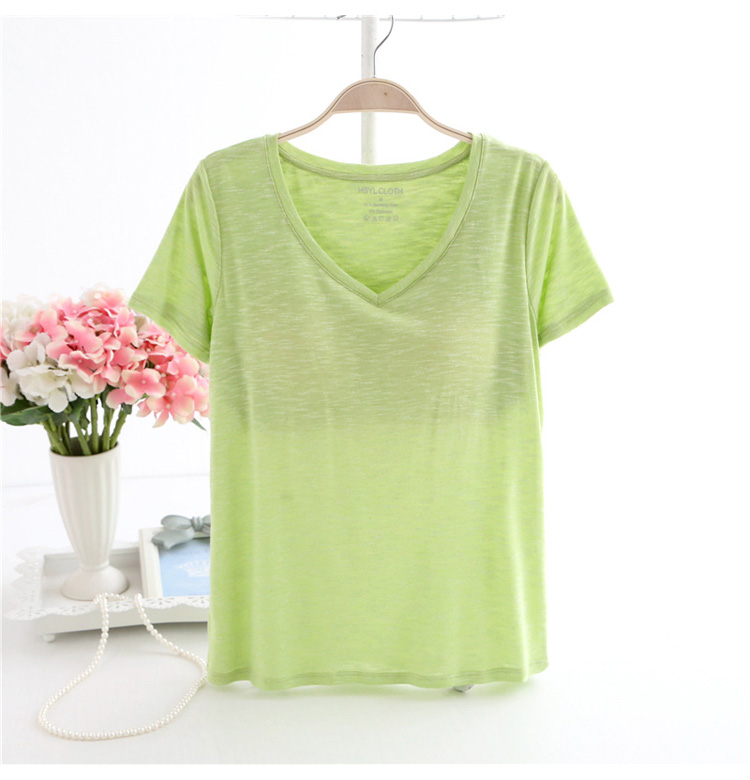 Với ngực pad miễn phí áo ngực ngắn tay T-Shirt nữ mùa hè phần mỏng cotton tre bông đồ ngủ nhà dịch vụ đáy áo loose