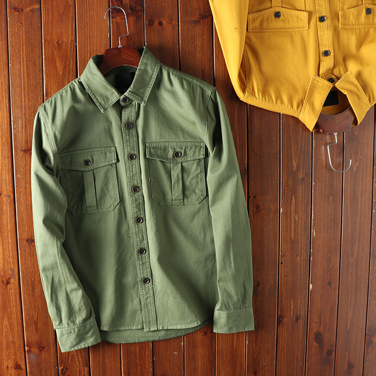 Jinggak cotton woven cloth foreign trade cut tail goods Men's washing cotton multi-pocket tooling long sleeve shirt