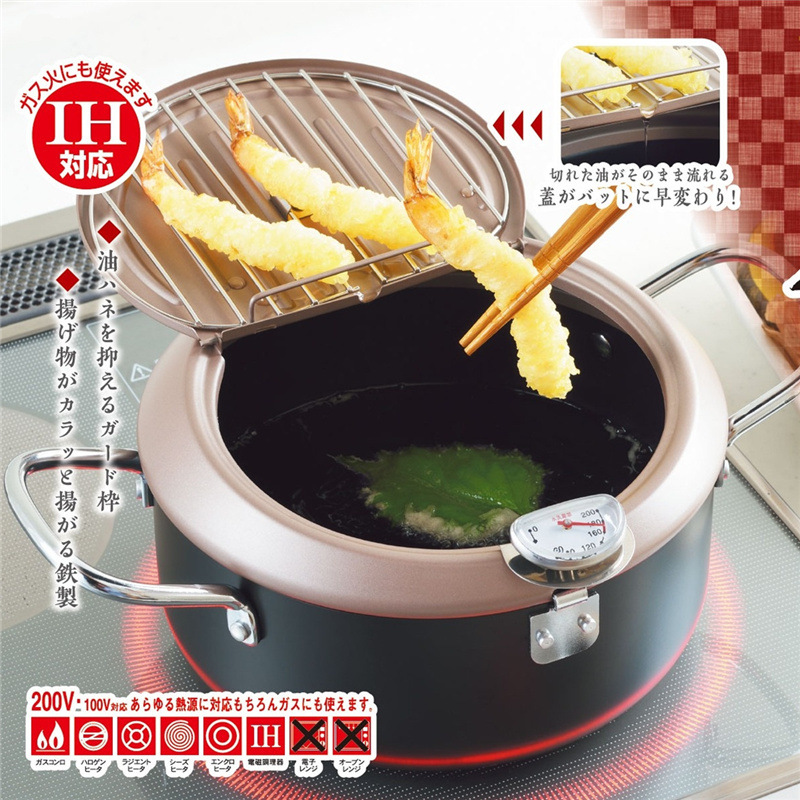 Japan Day Women's Fried Pan With Lid With Filter Oil Shelf Thermometer Controllable Warm Day Style 20cm Home Fryer-Taobao